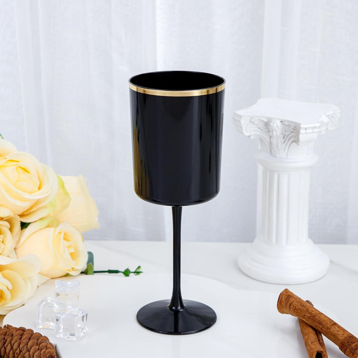 Ciaell 12 Pack 10 OZ Black Plastic Wine Glasses with Stem - Black and Gold Disposable Wine Glasses