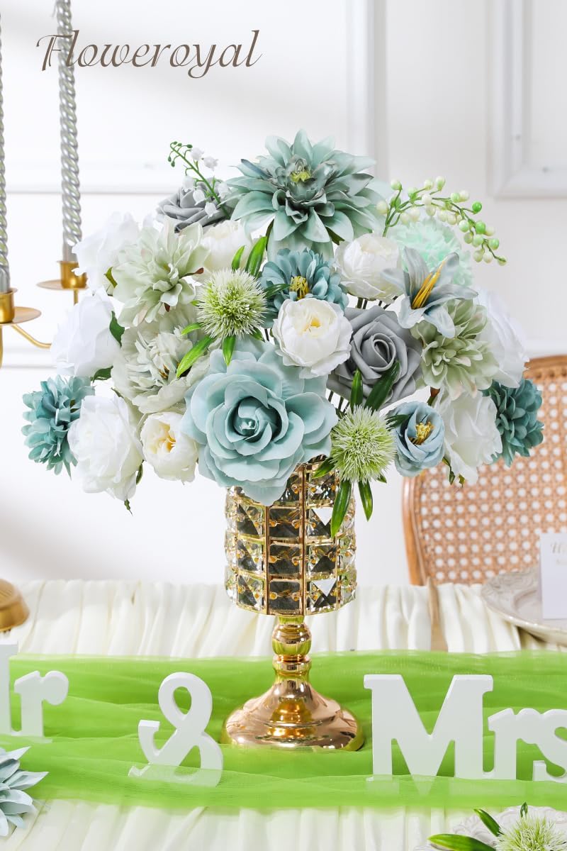 Floweroyal Artificial Flowers Combo Teal Blue Flowers Mix Silk Flowers Dahlia Roses with Stems for