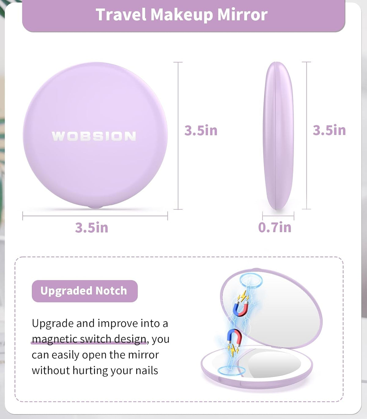 WOBSION Travel Compact Mirror,Portable 1x/10x LED Makeup Mirror with Magnification,Handheld 2-Sided