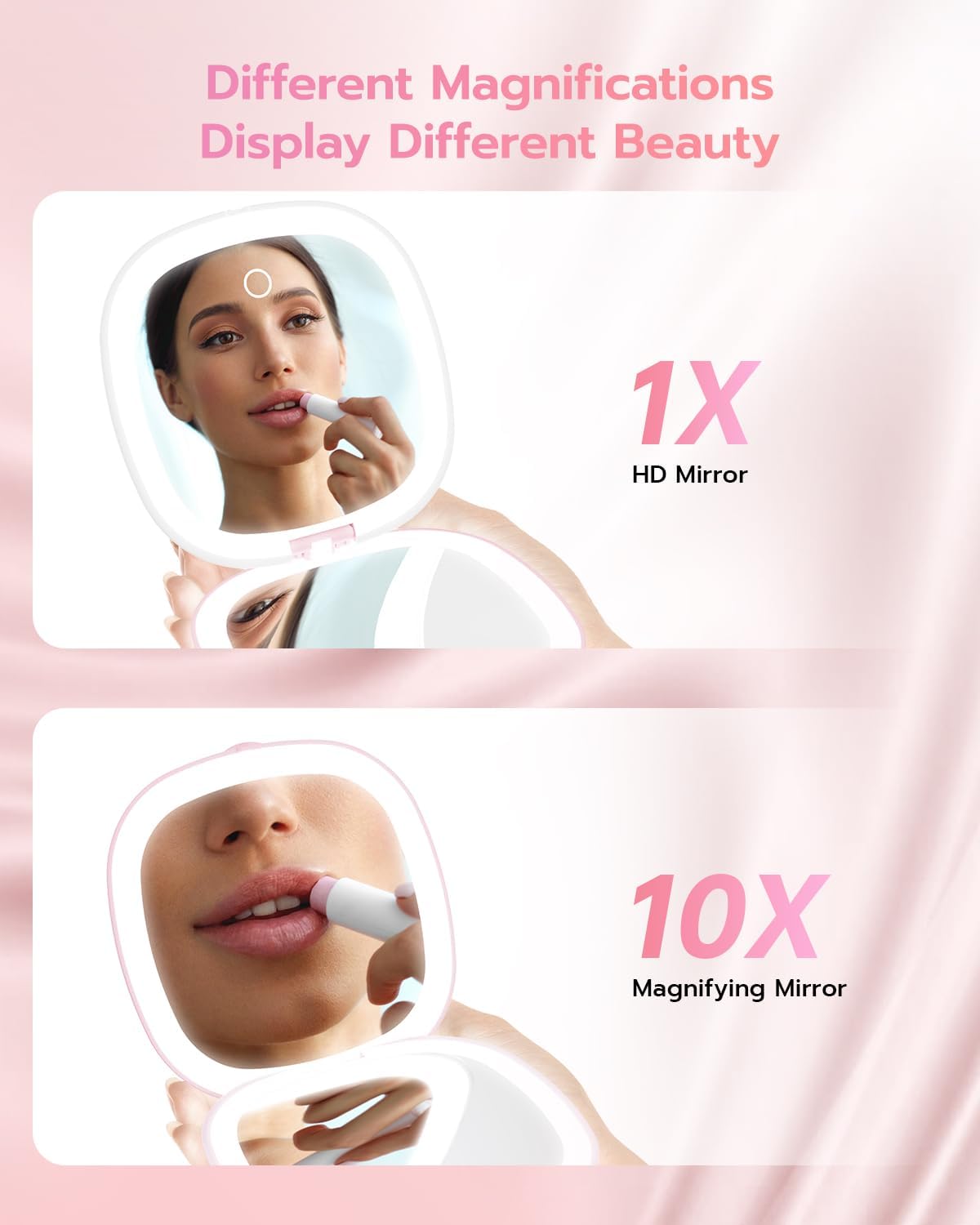 Benbilry 3.9" Rechargeable Compact Makeup Mirror with 3 Light Colors and Magnification 1X / 10X