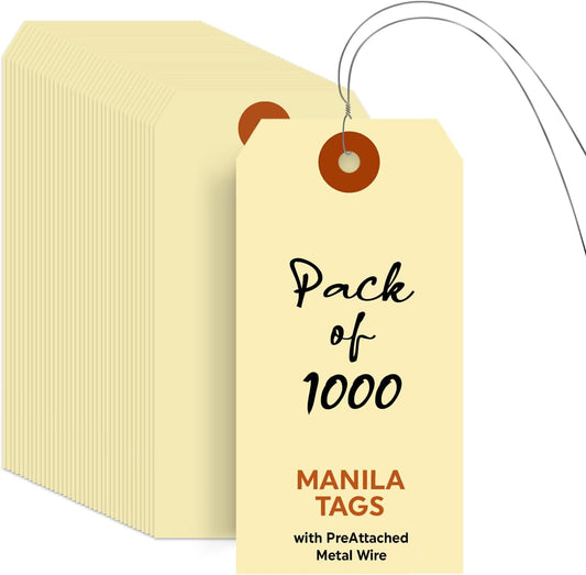 SmartSign Blank Manila Shipping Tags with Wire - Pack of 1000, Size-5, 13pt Thick Prewired