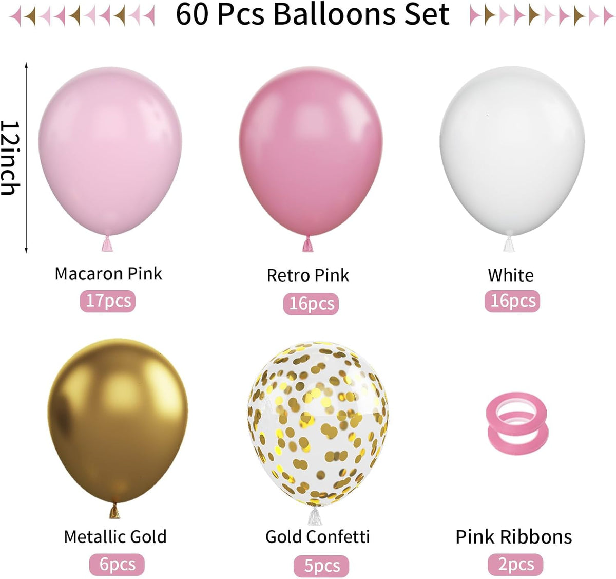 FunHot Pink and Gold Balloons, 60Pcs Retro Pink White Balloons, 12 Inch Metallic Gold Confetti