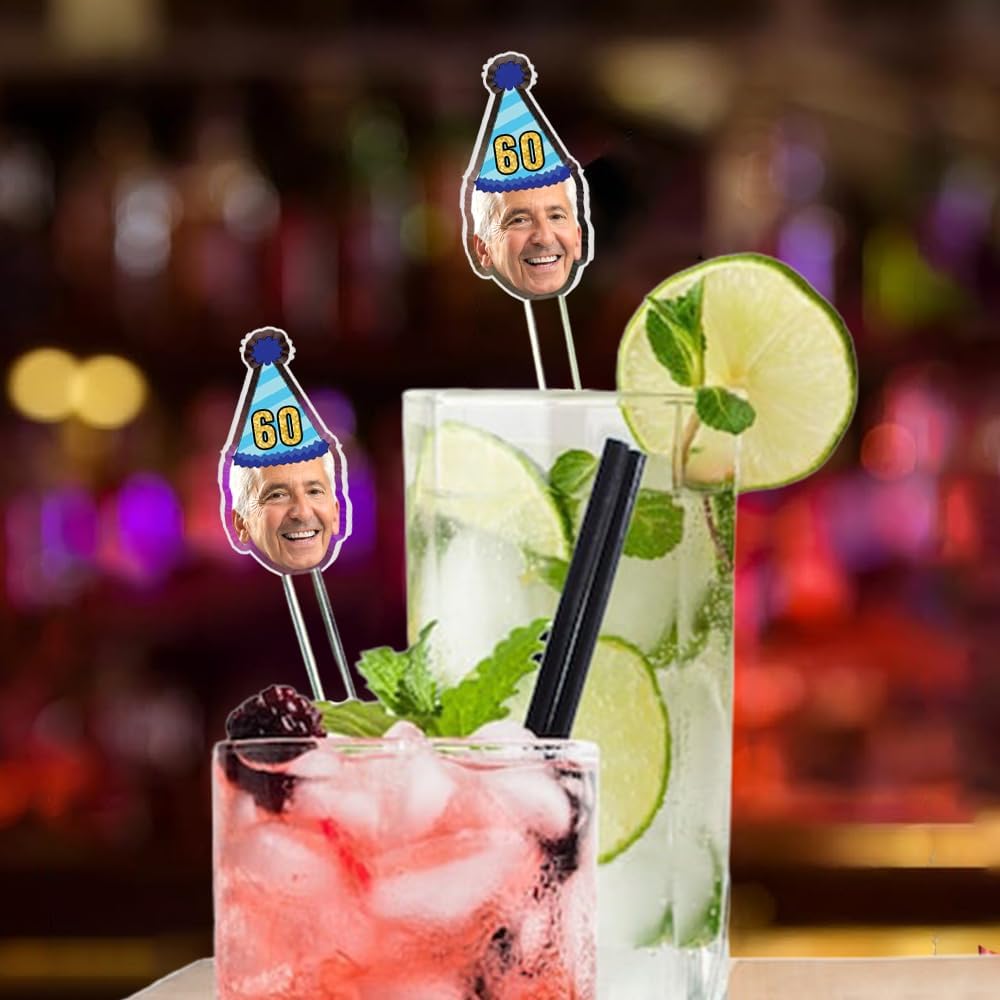 Custom 50 Pcs 50th To 90th Birthday Face Photo Drink Stirrers, Personalized Face Cutout Stir