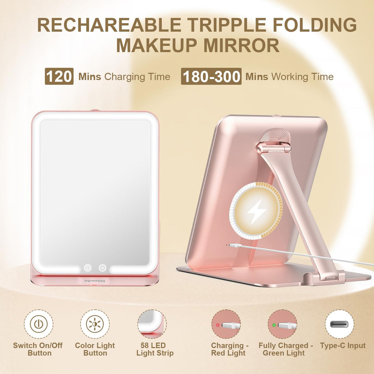 Mocado Travel Makeup Mirror with Light - 7x5 Inches Tripple Folding Travel Mirror with Light, 3