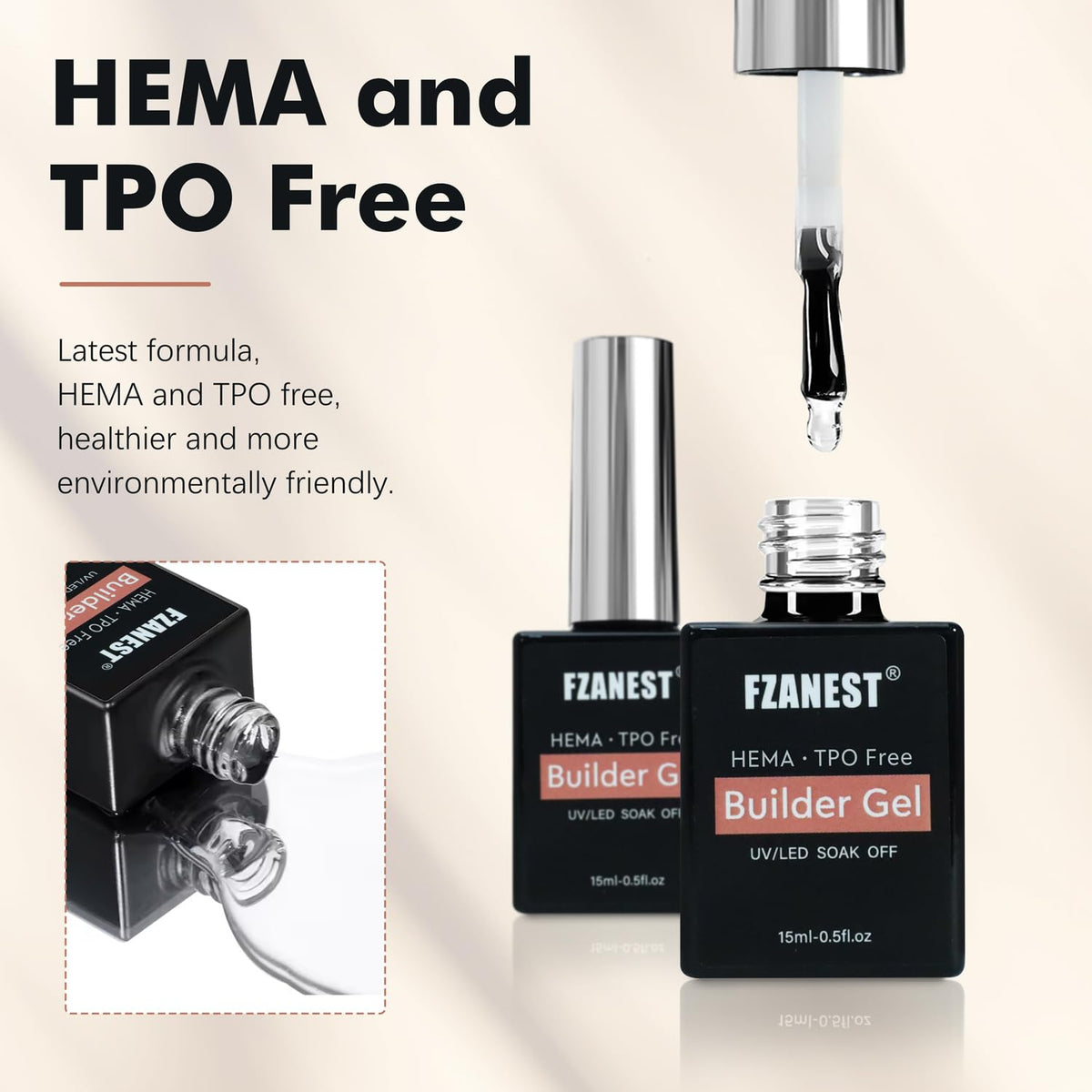FZANEST Builder Nail Gel Hema & TPO-Free 15ml *2 pcs Clear Hard Gel Extension For Nails Thickening