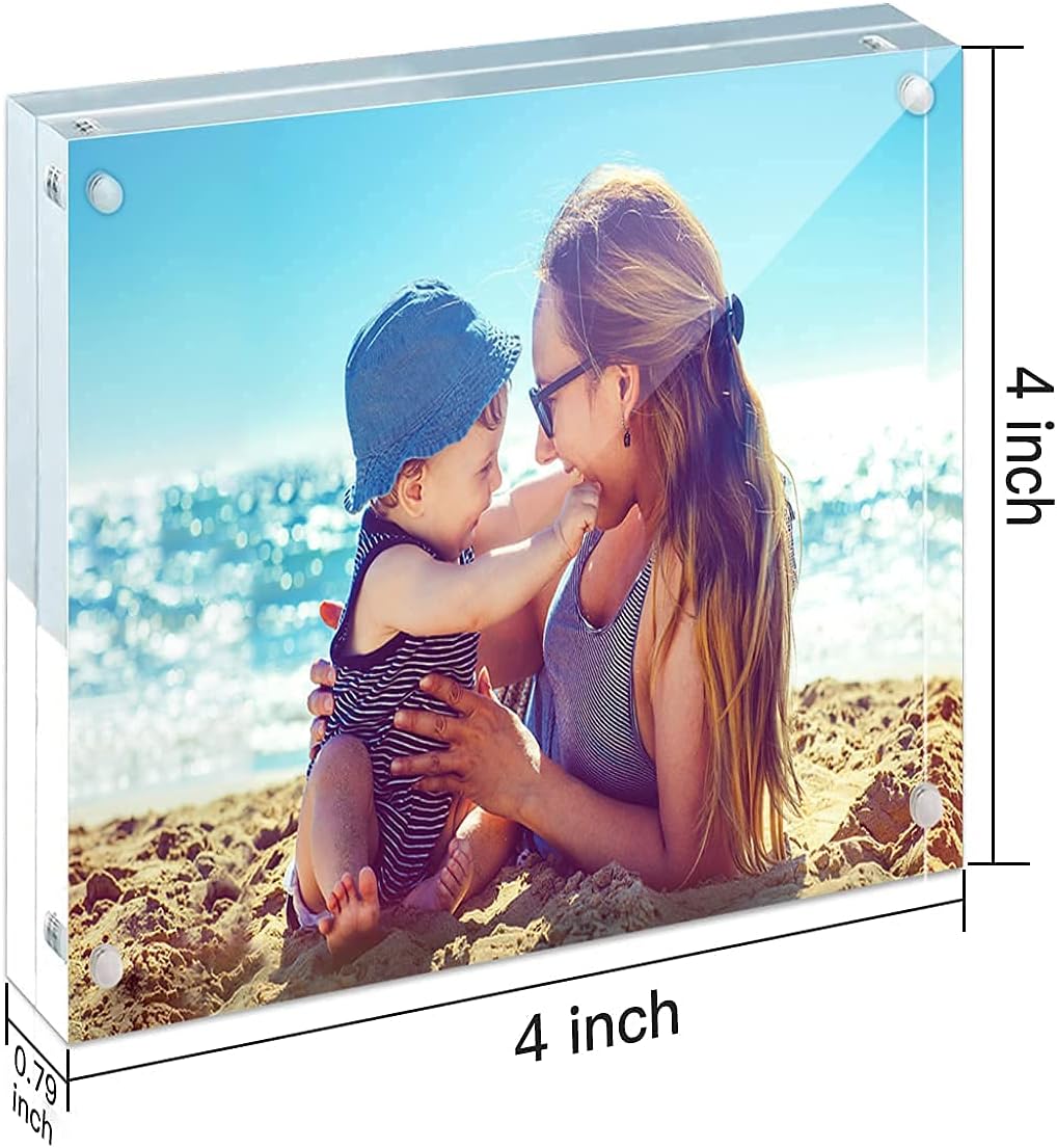 HELPLEX Acrylic Frames, 2 Pack 4x4, 20mm Thicker Frameless Clear Frame, Double Sided Magnetic, Free