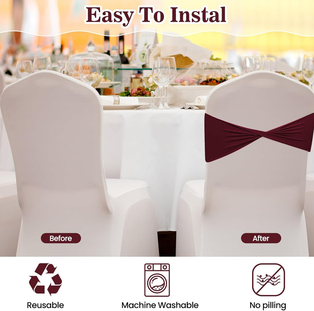 Kinlop 50 Pcs Spandex Chair Sashes Bows Chair Bands Slider Sashes for Covers Elastic Bands Ties