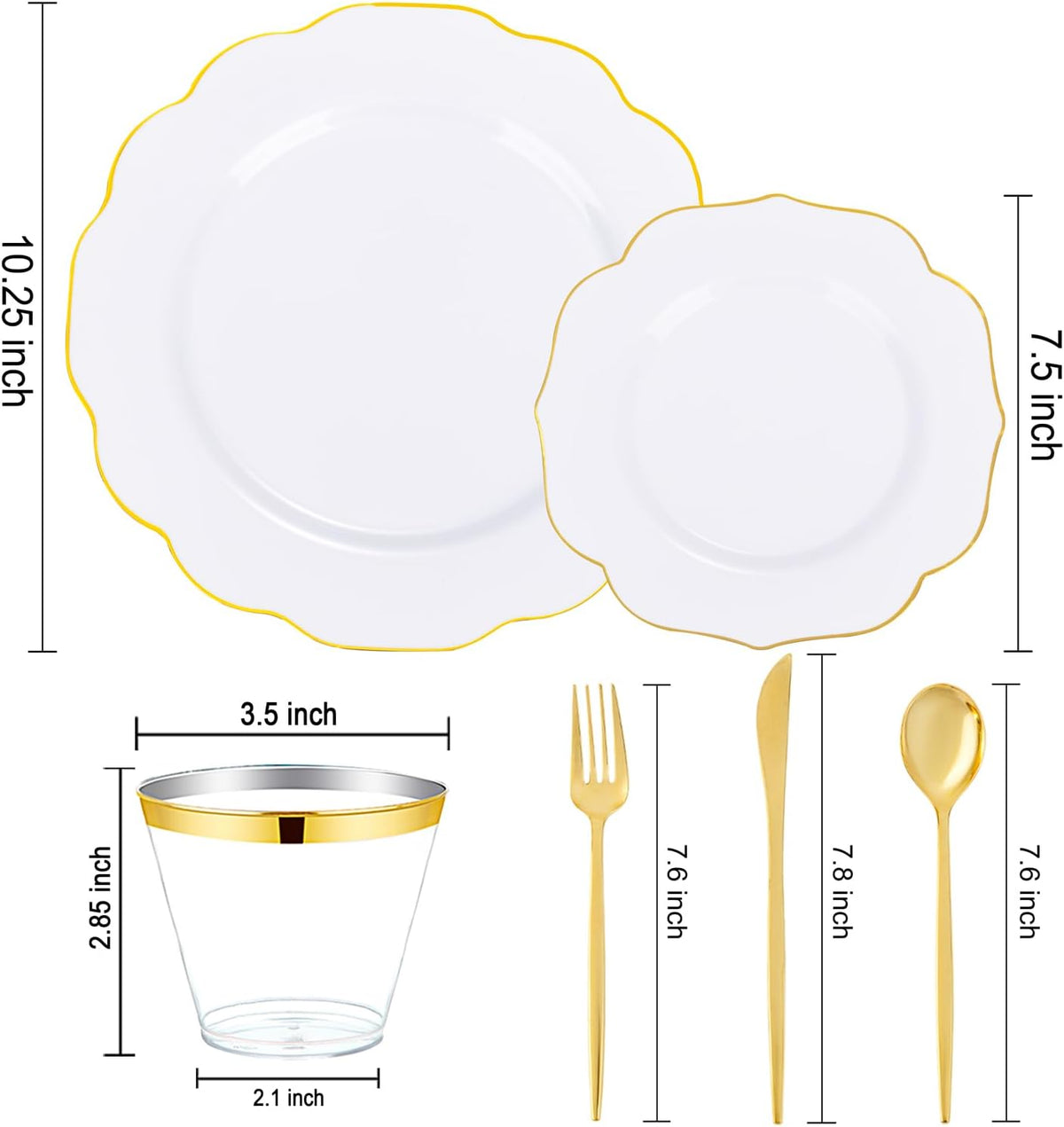 bUCLA 180PCS White and Gold Plastic Plates Disposable - White with Gold Rim Dinnerware Set Include