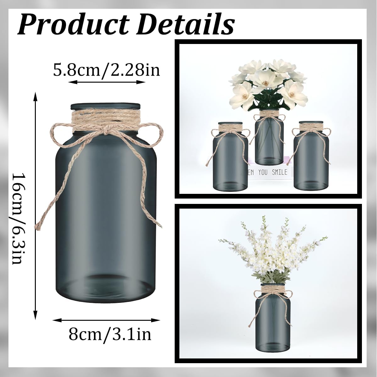 Vintage Glass Flower Vase，12 Pack Farmhouse Black Glass Centerpiece Vases Mason Jars for Halloween