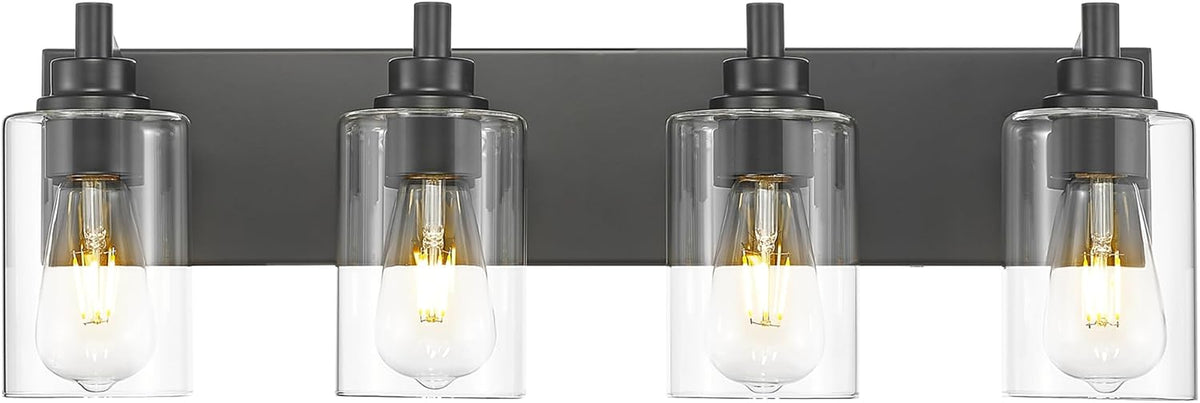 4-Light Bathroom Light Fixtures, Black Vanity Light with Cylinder Clear Glass Shade, Modern Vanity