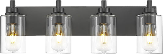 4-Light Bathroom Light Fixtures, Black Vanity Light with Cylinder Clear Glass Shade, Modern Vanity