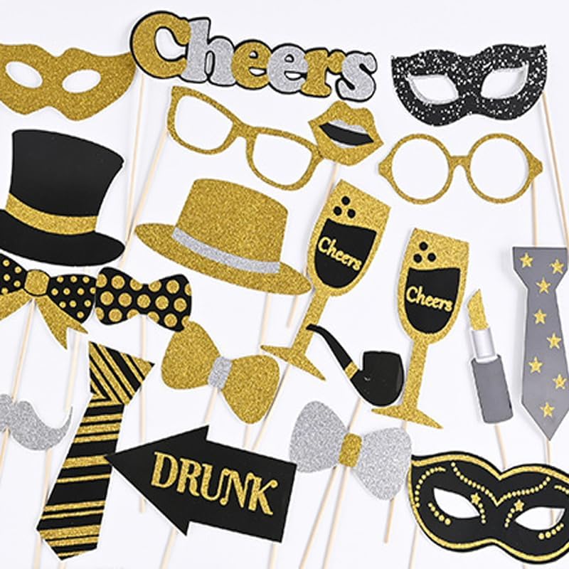 30 Pieces Black Golden Photo Booth Props for Birthday Wedding New Year Party,Mix of Hats, Mask