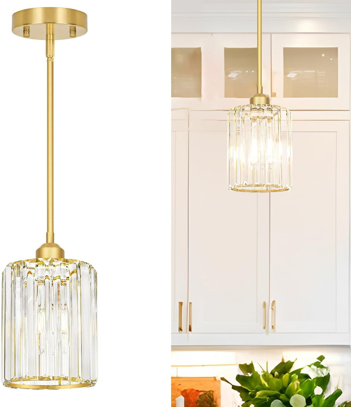 Gold Kitchen Pendant Lights Over Island with Adjustable Rods - Crystal Pendant Lighting Fixtures