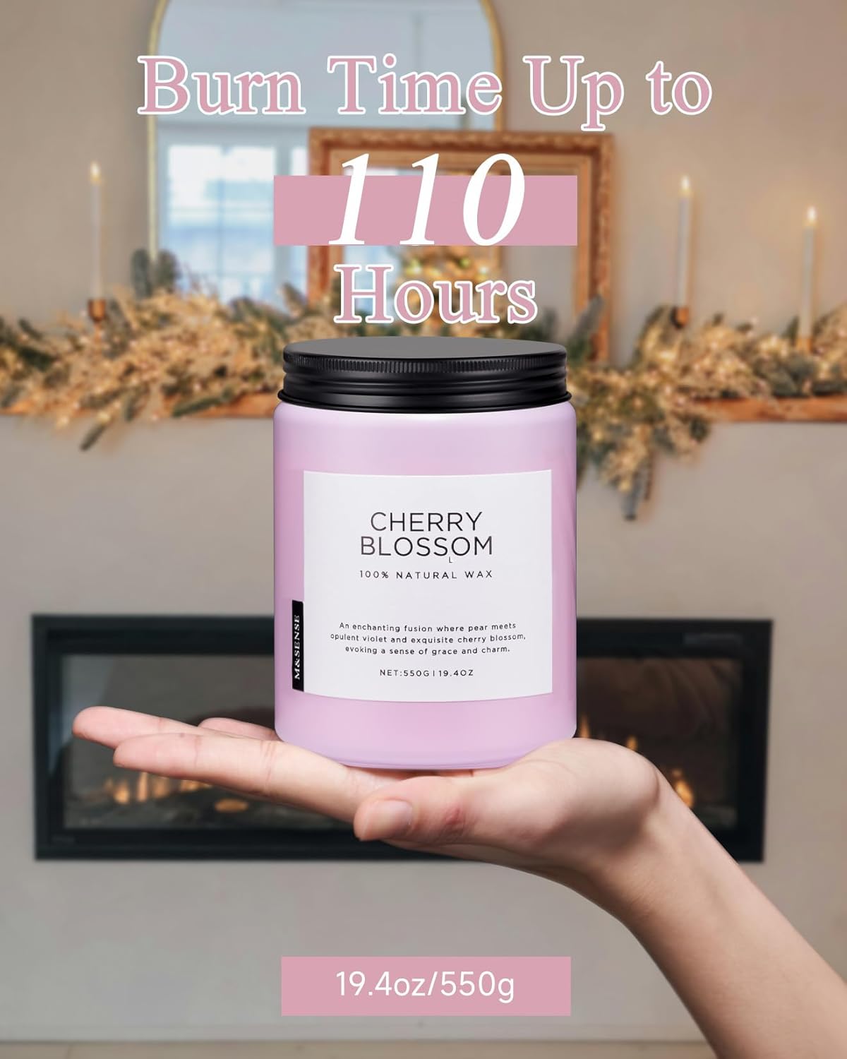 M&SENSE Cherry Blossom Scented Spring Candle, 19.4oz 110 Hours Long Lasting Natural Soy Wax Stress