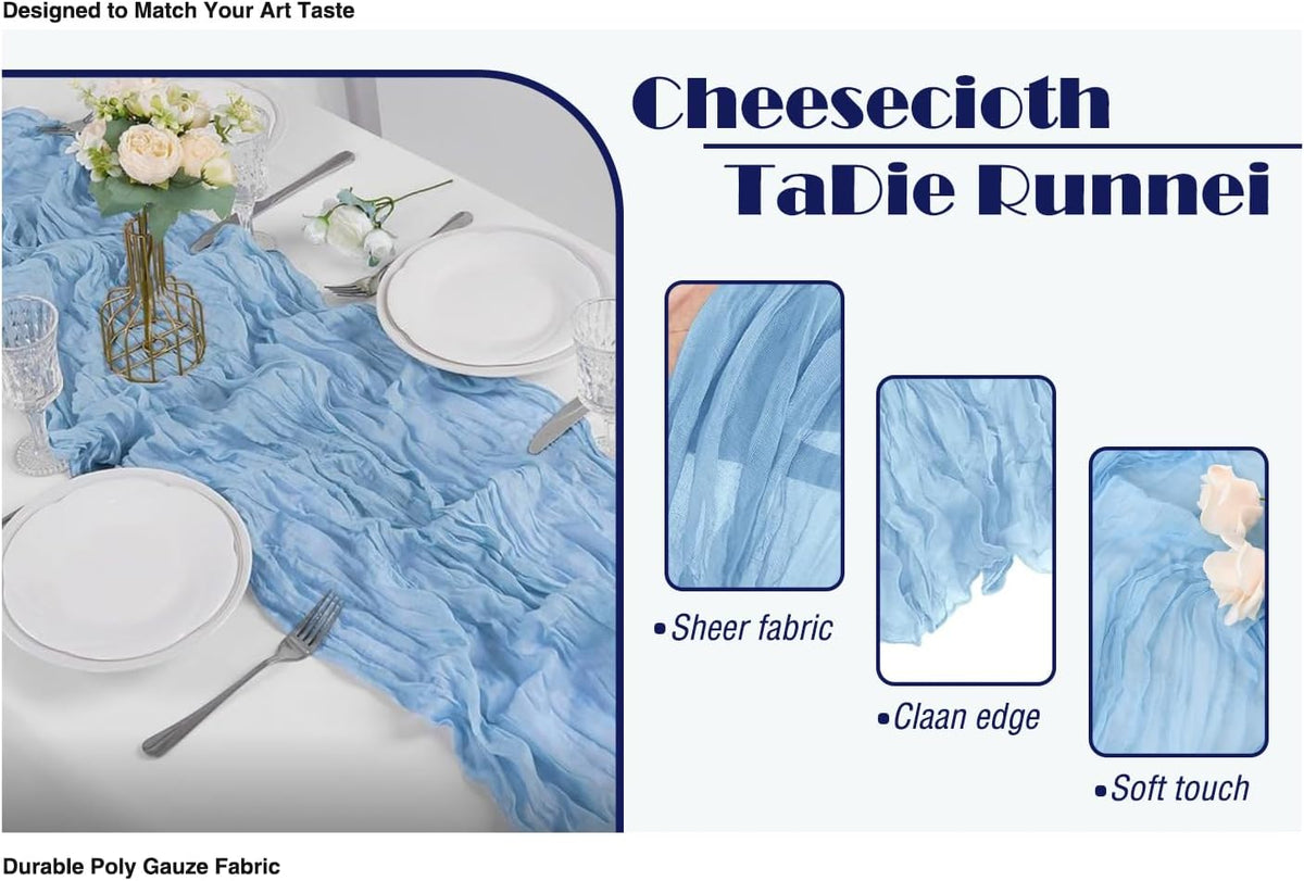 20 Pack Light Blue Cheesecloth Table Runner 17x108 Inch Boho Wrinkled Sheer Gauze Cheese Cloth