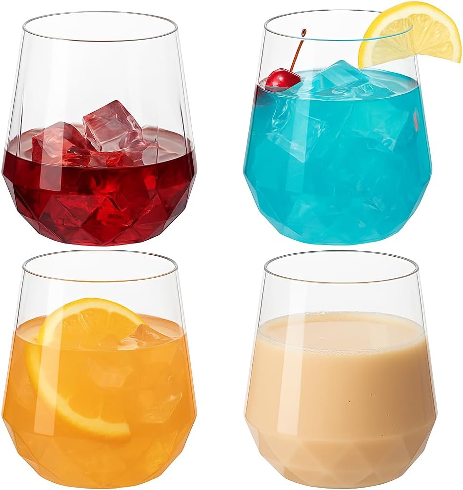 40 count Diamond Unbreakable Stemless Plastic Wine Champagne Whiskey Glasses Elegant Durable