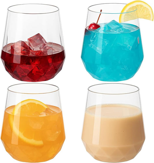 40 count Diamond Unbreakable Stemless Plastic Wine Champagne Whiskey Glasses Elegant Durable