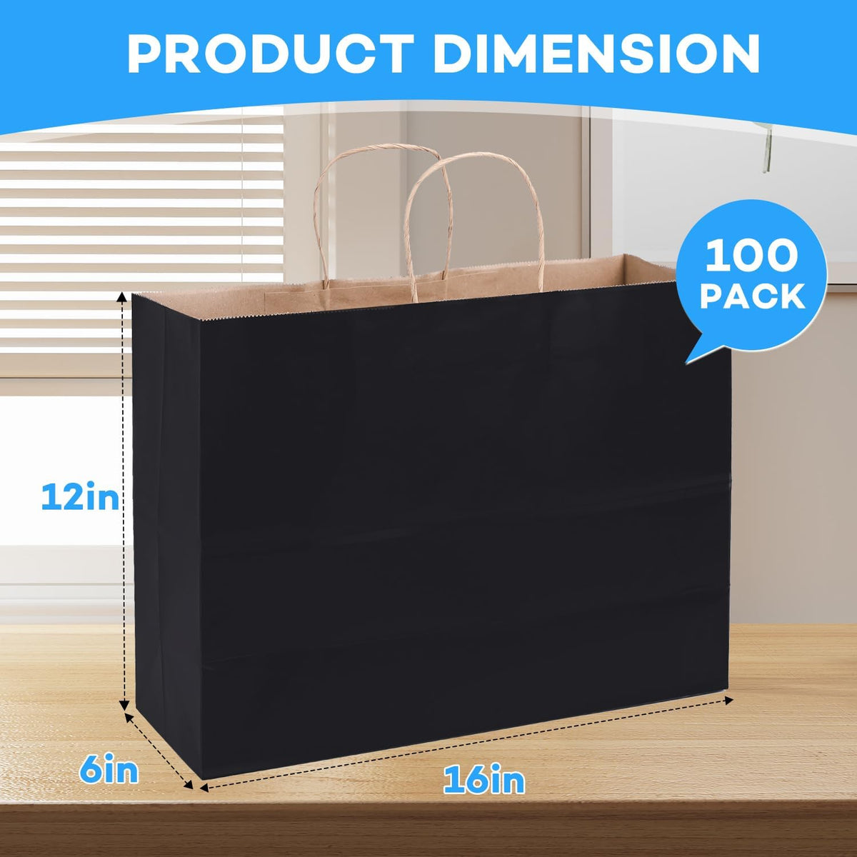 BURVAGY 16x6x12 Inch 100 Pcs Kraft Paper Bags with Handles Bulk, Kraft Shopping Black Large