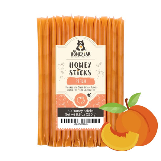 The Honey Jar Peach Flavored Honey Sticks - Pure Honey Straws For Tea, Coffee, or a Healthy Treat