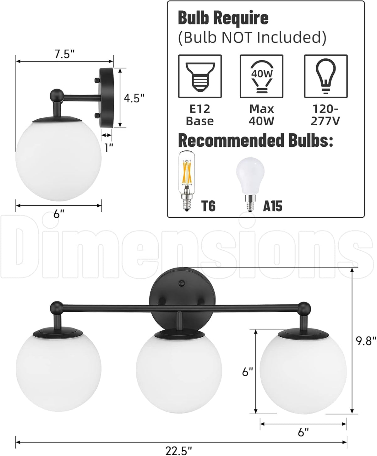 Black Vanity Lights for Bathroom, Farmhouse Bathroom Light Fixtures 3-Light Over Mirror with Milky
