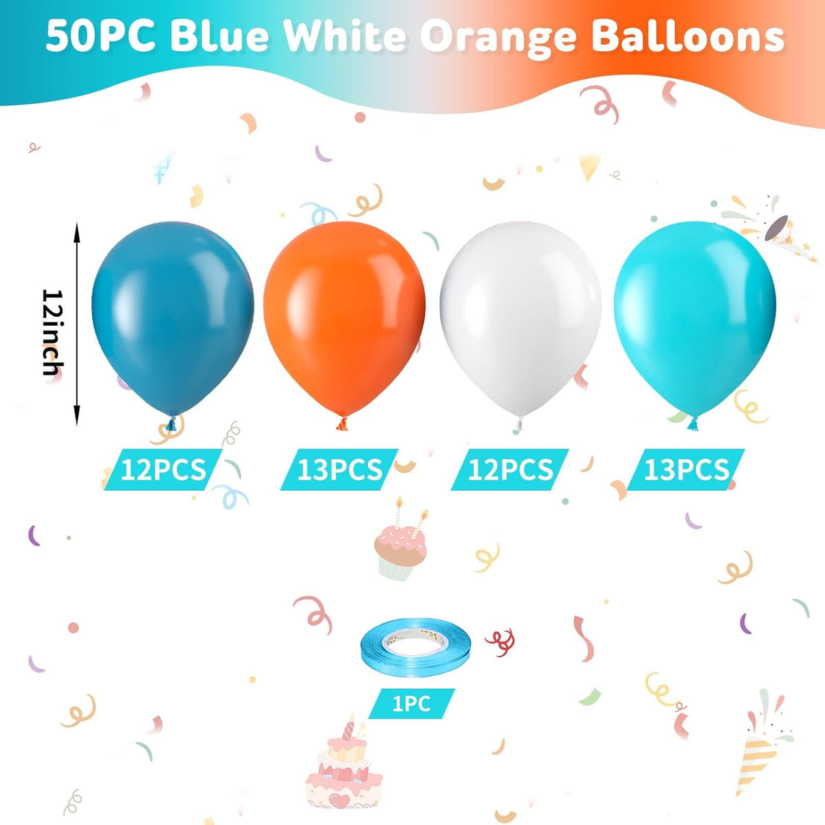 Blue and Orange Balloons, Blue and Orange White Balloons, Retro Turquoise Teal Blue White Balloon