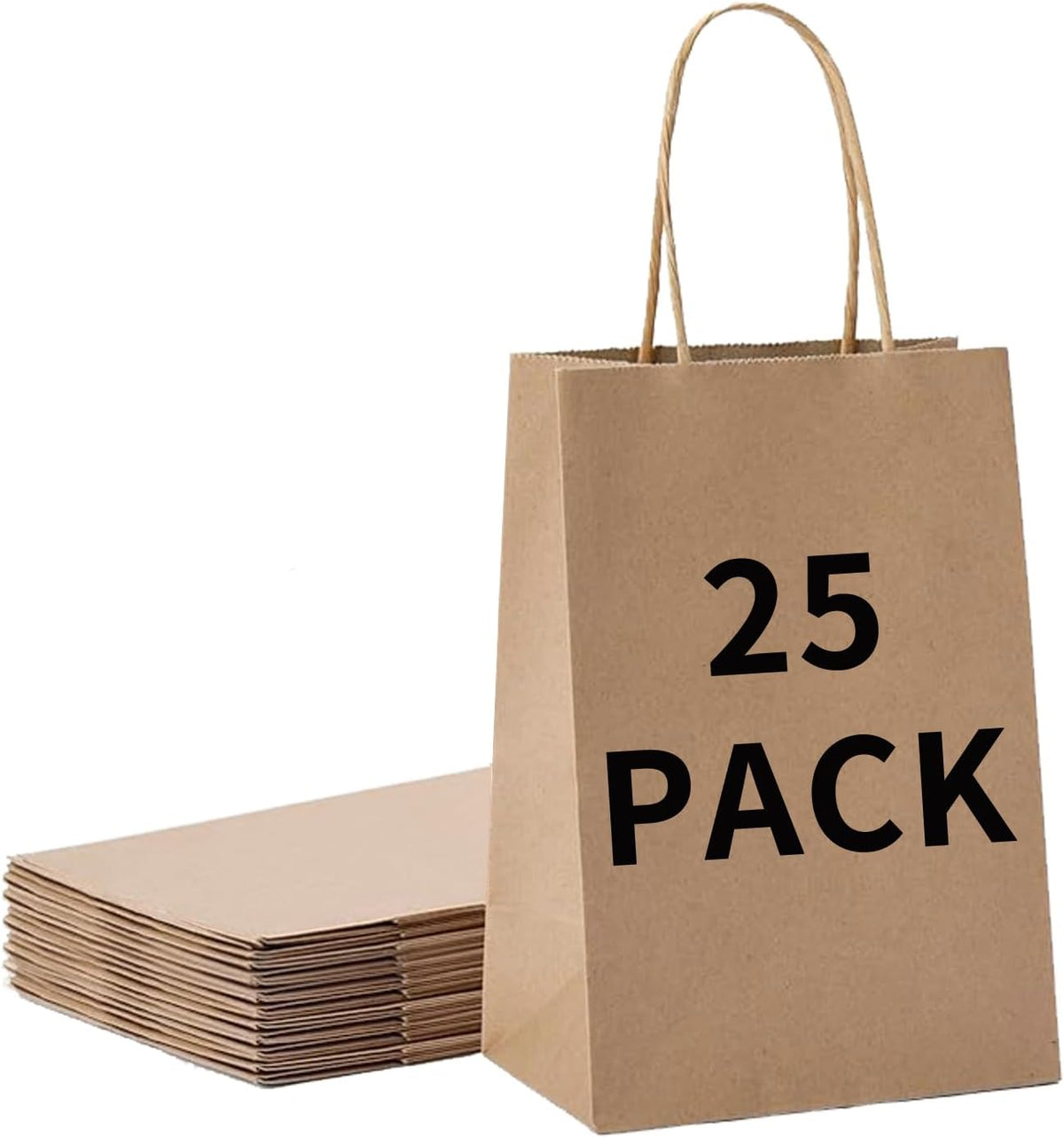BAG BOX 25 Pack 5.9x3.1x8.25 Inch Brown Gift Bags with Handles,Bulk Kraft Paper Bags for Shopping