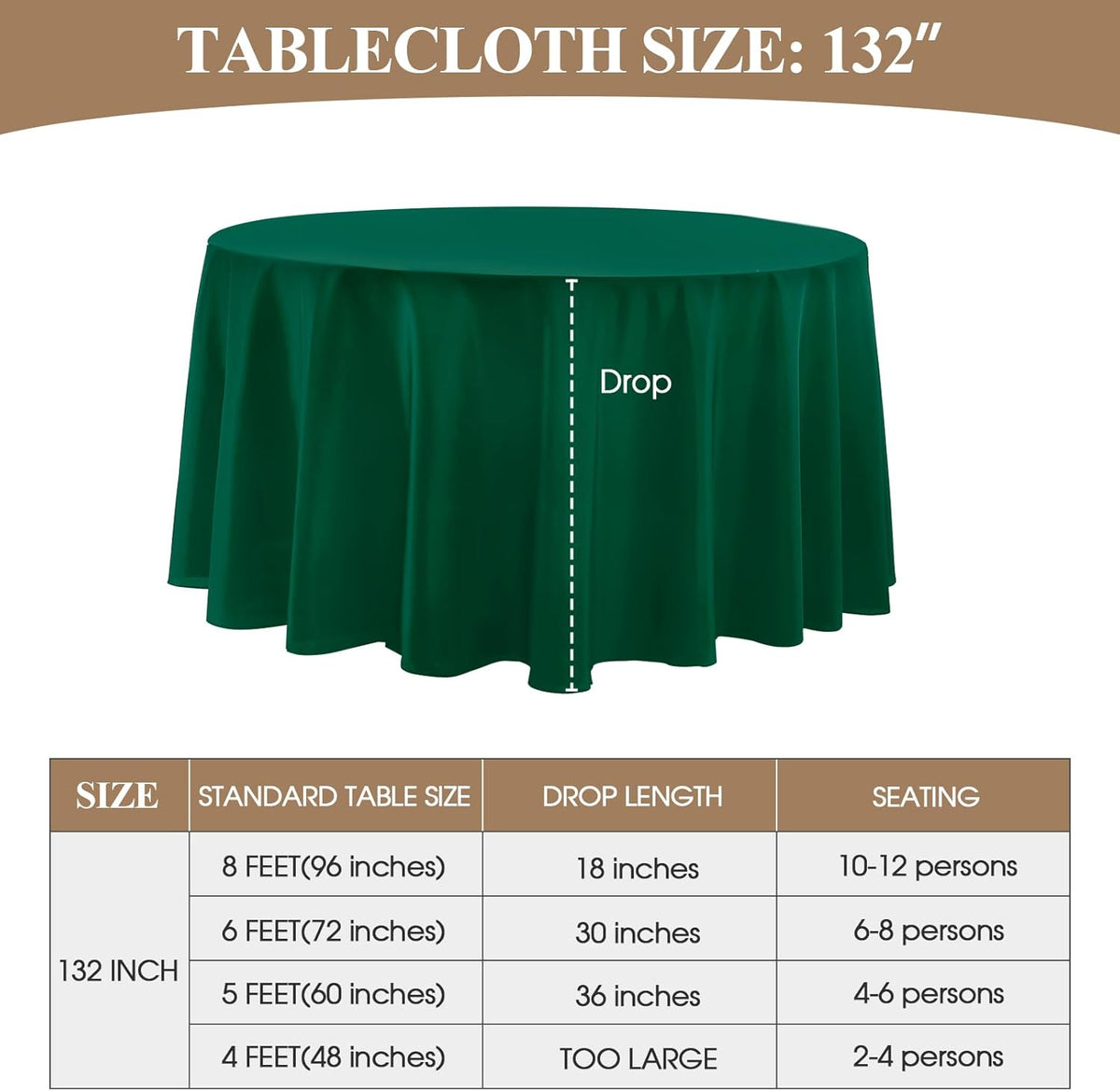 Round Tablecloth 132 Inch 6 Pack Dark Green Tablecloths Washable Decorative Linen Polyester Table