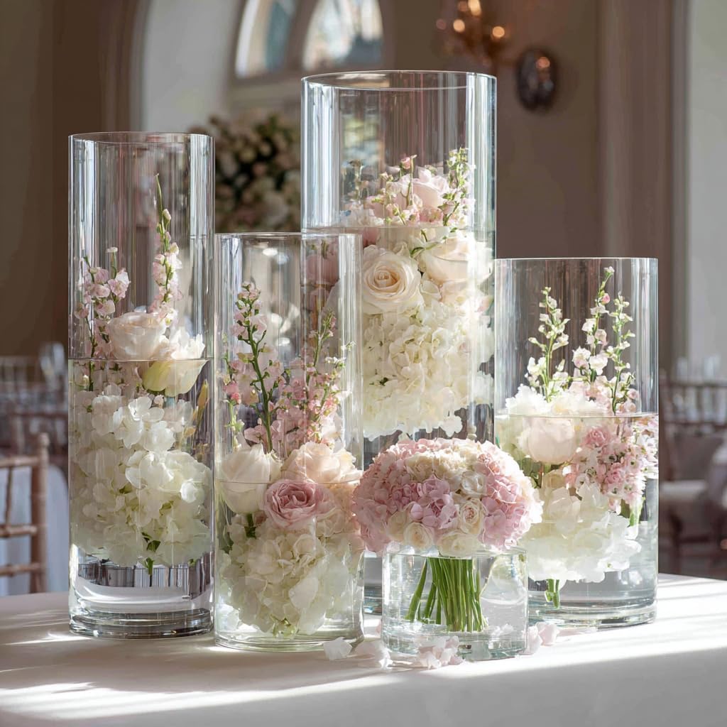 30pcs Glass Vase for Centerpieces, 4,6,7.5,8,10 inch Tall Clear Cylinder Flower Vase Bulk Floating