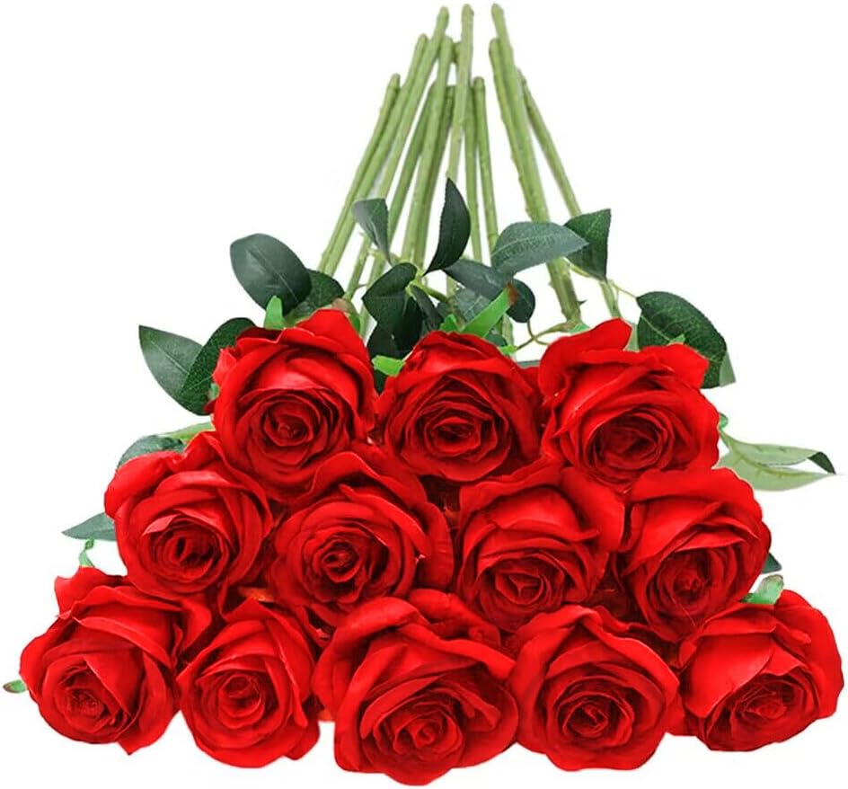 Tifuly 12 Pcs Red Roses Artificial Flowers,Realistic Long Stem Fake Silk Roses Bouquet for Party