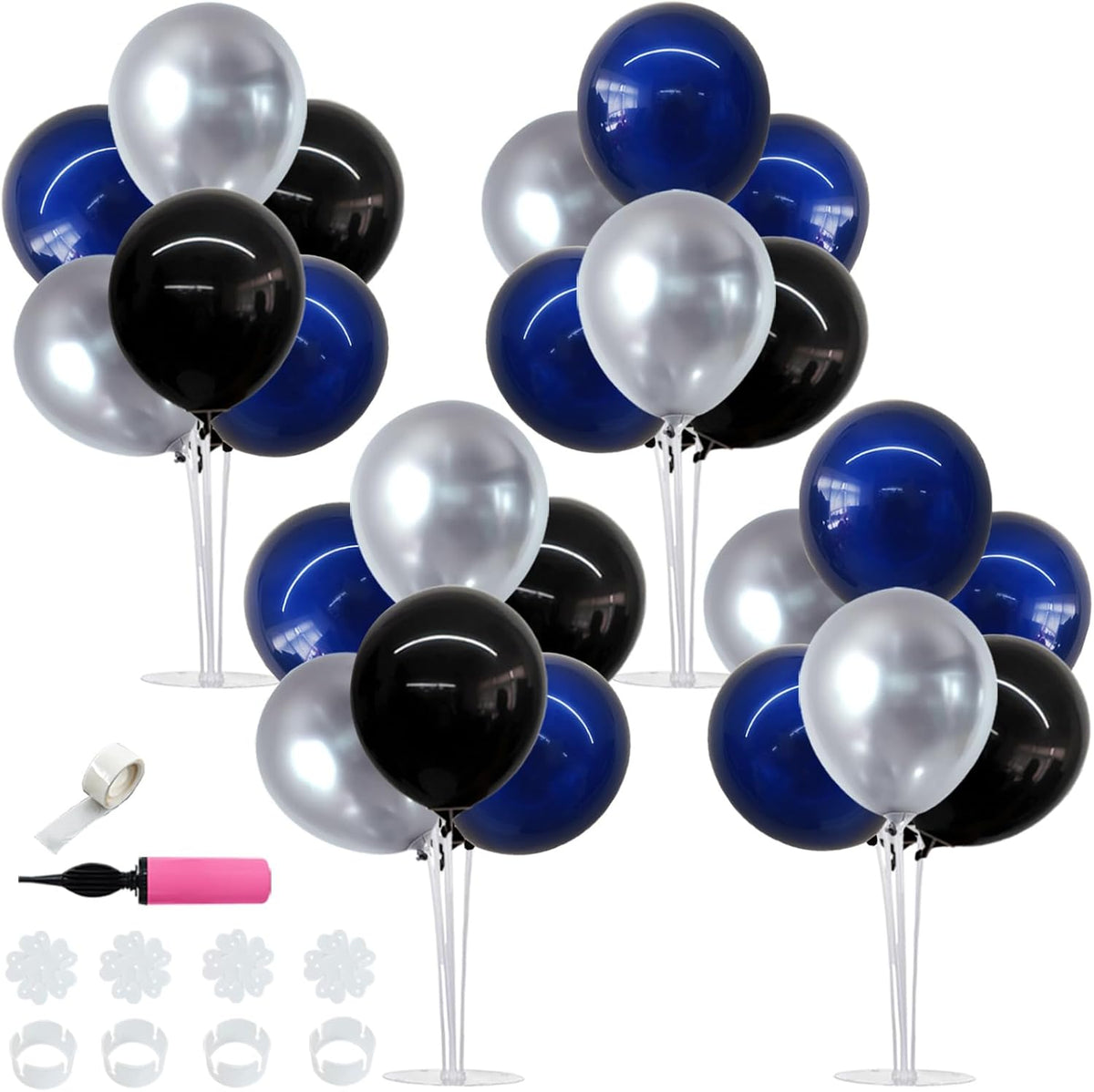 TONIFUL 4 Set Black and Blue Silver Balloon Centerpieces for Table,Balloon Stand Kit for Graduation