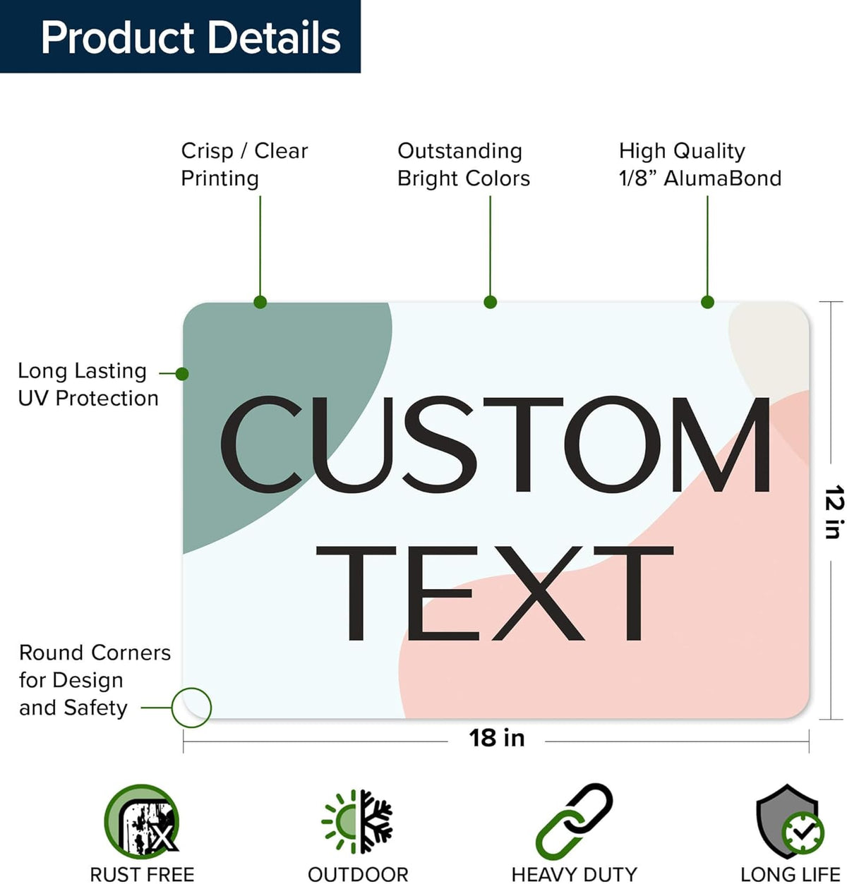 Custom Sign, Custom Street Sign, 11 Font Colors, 13 Font Styles, 4 Hole Options, 22 Sizes, 12x18