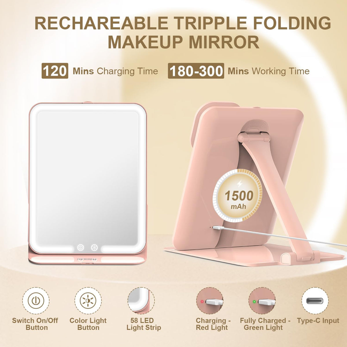 Mocado Travel Makeup Mirror with Light, Tripple Folding Vanity Mirror with Lights, 3 Colors Lighted