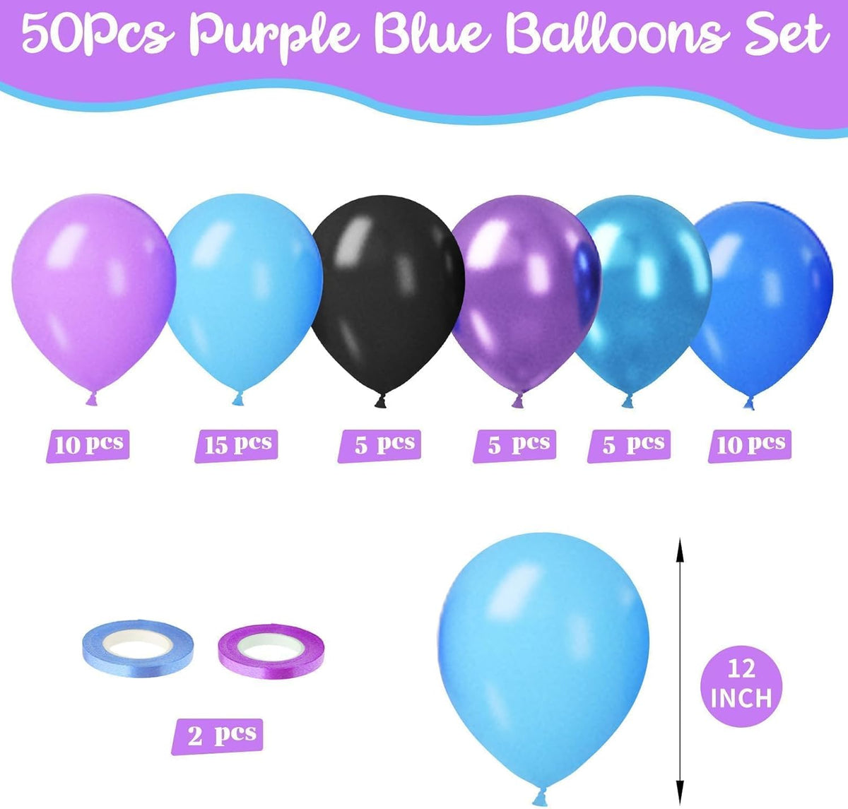 Paready Purple Blue Balloons Set, 50pcs 12 Inch Metallic Blue Purple Latex Balloons Helium For Boys