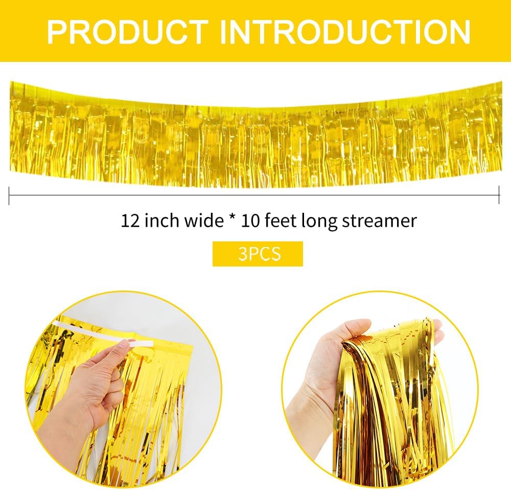 BEISHIDA 3 Packs 30 Feet Metallic Foil Fringe Garland Tinsel Streamers，Shiny Gold Wall Hanging