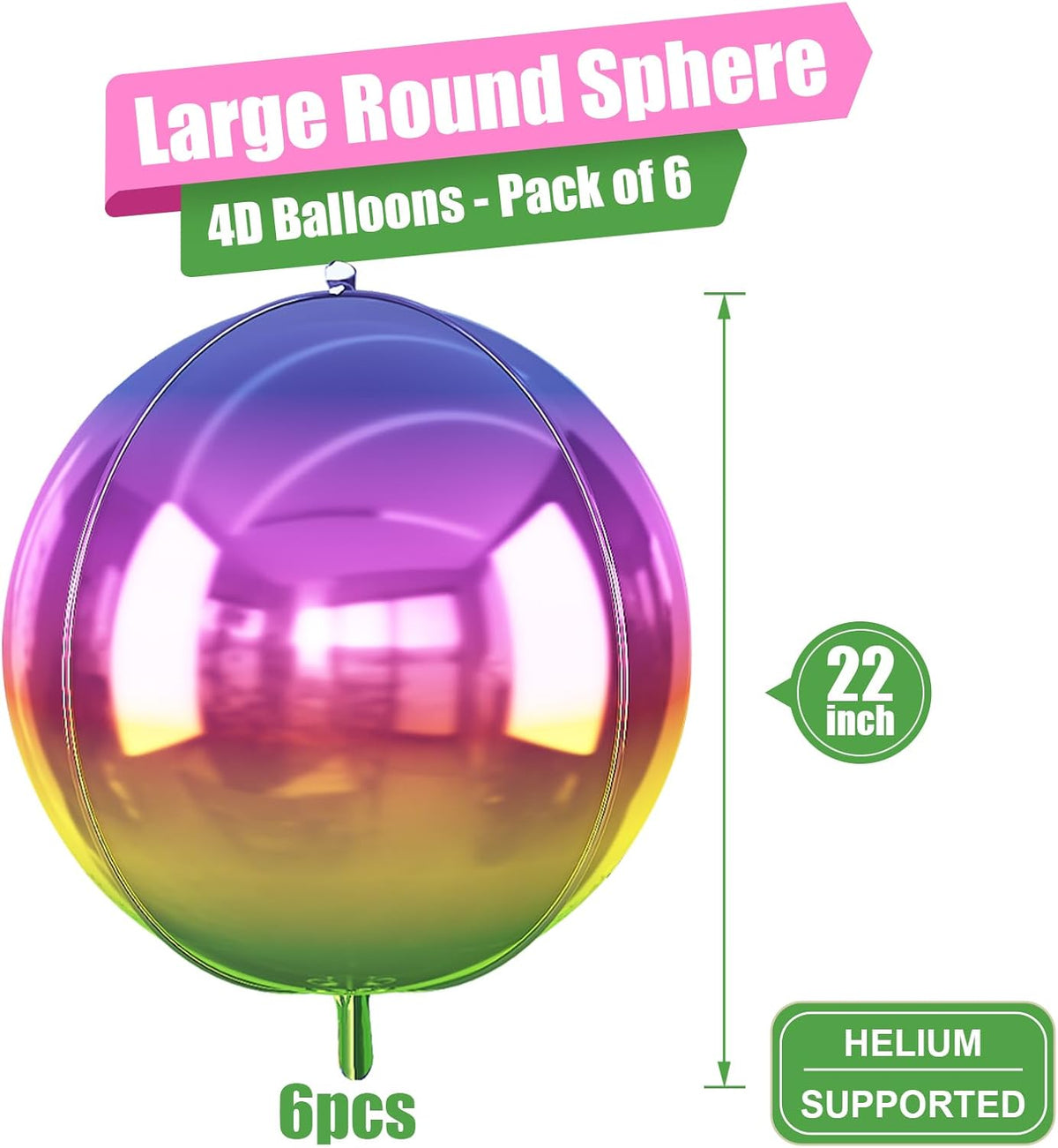 6Pcs Gradient Rainbow Round Foil Balloons, 22" Large Helium Colorful Ball Balloon, Metallic