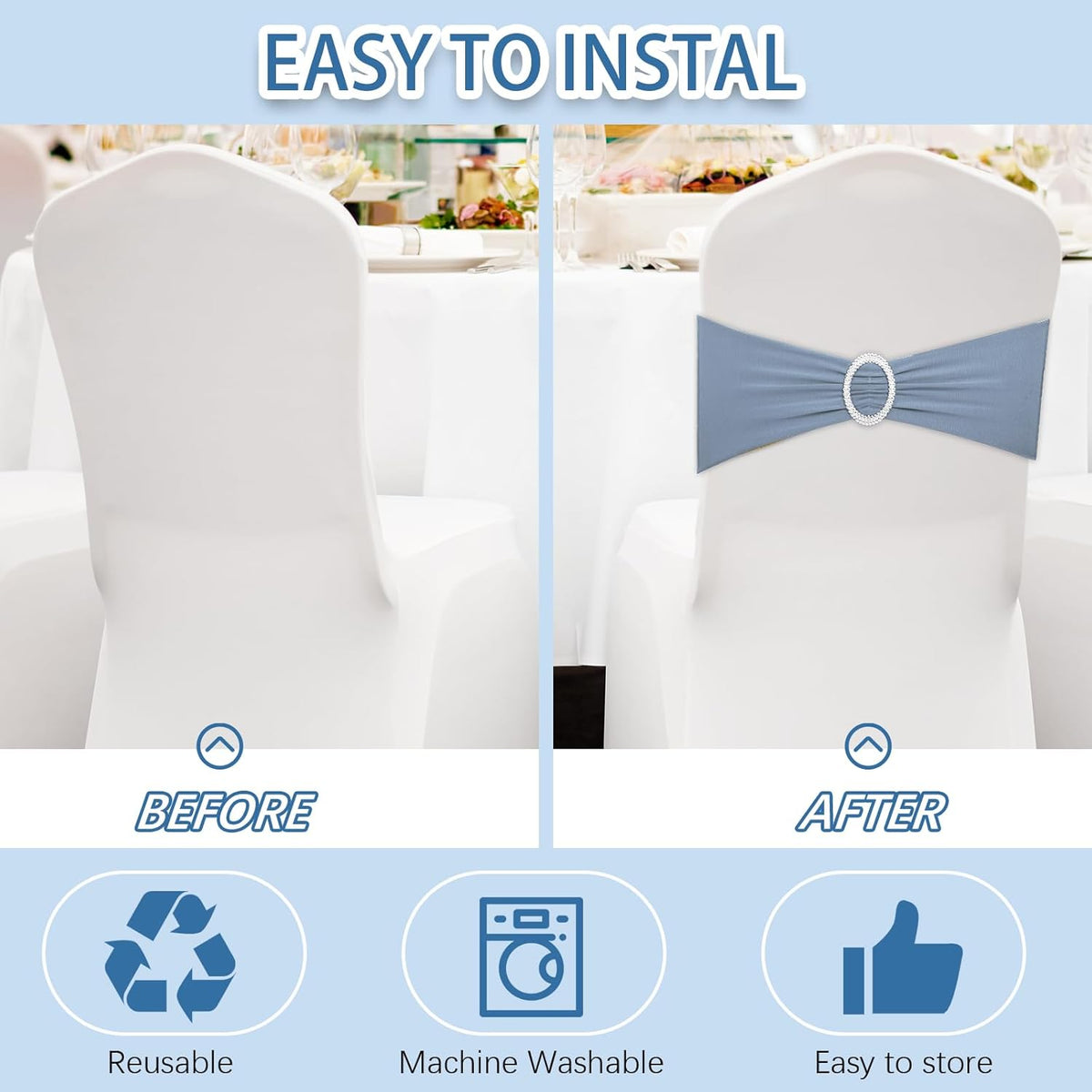 CHENGU 150 Pieces Spandex Stretch Chair Sashes Bows Elastic Chair Cover Bands Ties with Buckle