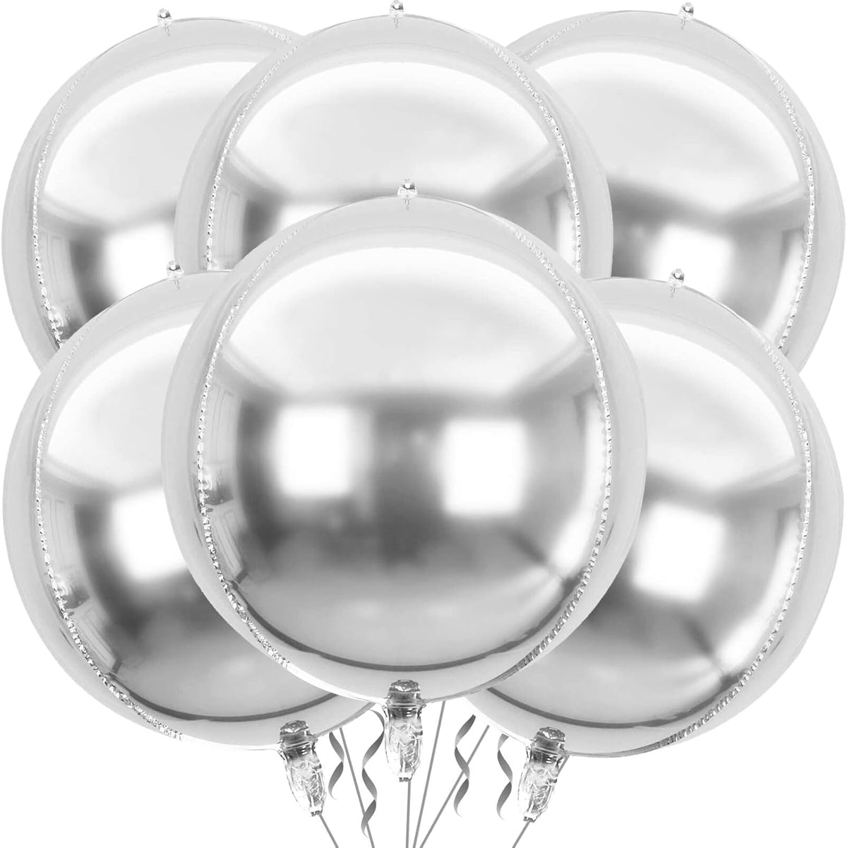 6 Pack Silver 22 Inch 4D Foil Balloons Big 360 Degree Round Sephere Mylar Balloons Mirror Finish