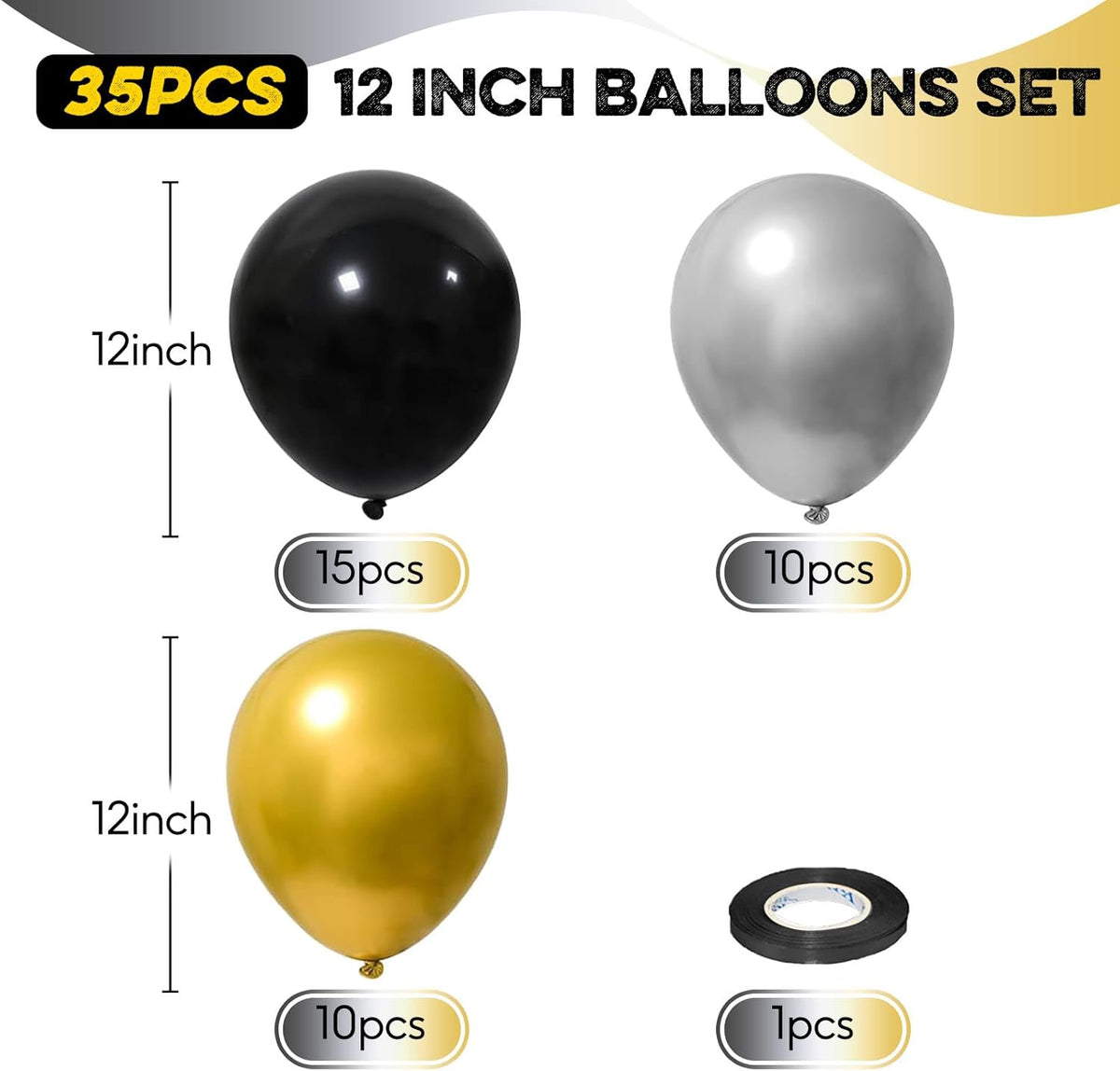 Black and Gold Balloons Set, 12 Inch Black Gold Silver Balloon New Year Eve Party Decoration Black
