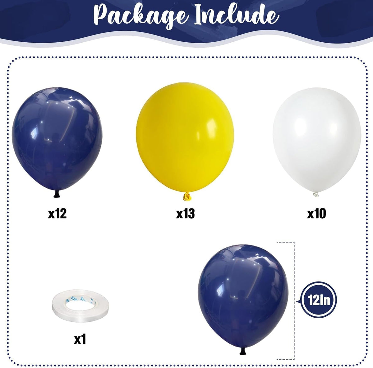Navy Blue Yellow White Balloons, 12 Inch Navy Blue Yellow White Party Balloons, Dark Blue Yellow
