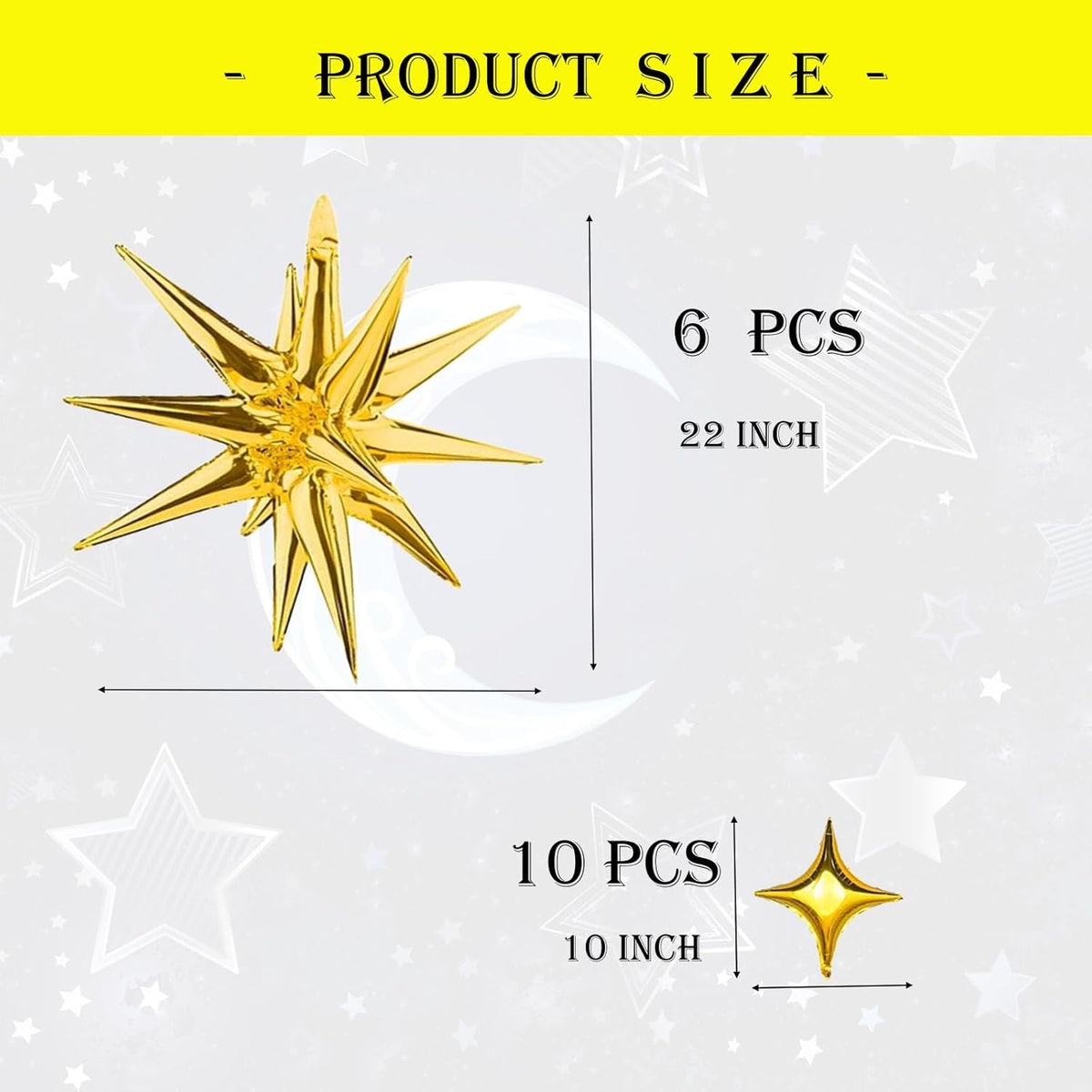 6 Pcs 22" & 10 Pcs 10" Star Foil Balloons - Gold, 12 Point & 4 Point Star Balloons for Party