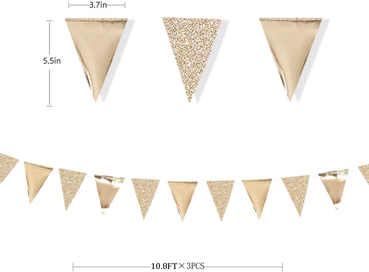 30Ft Champagne Gold Party Decorations Triangle Pennant Banner Gold Hanging Paper Flag Bunting for