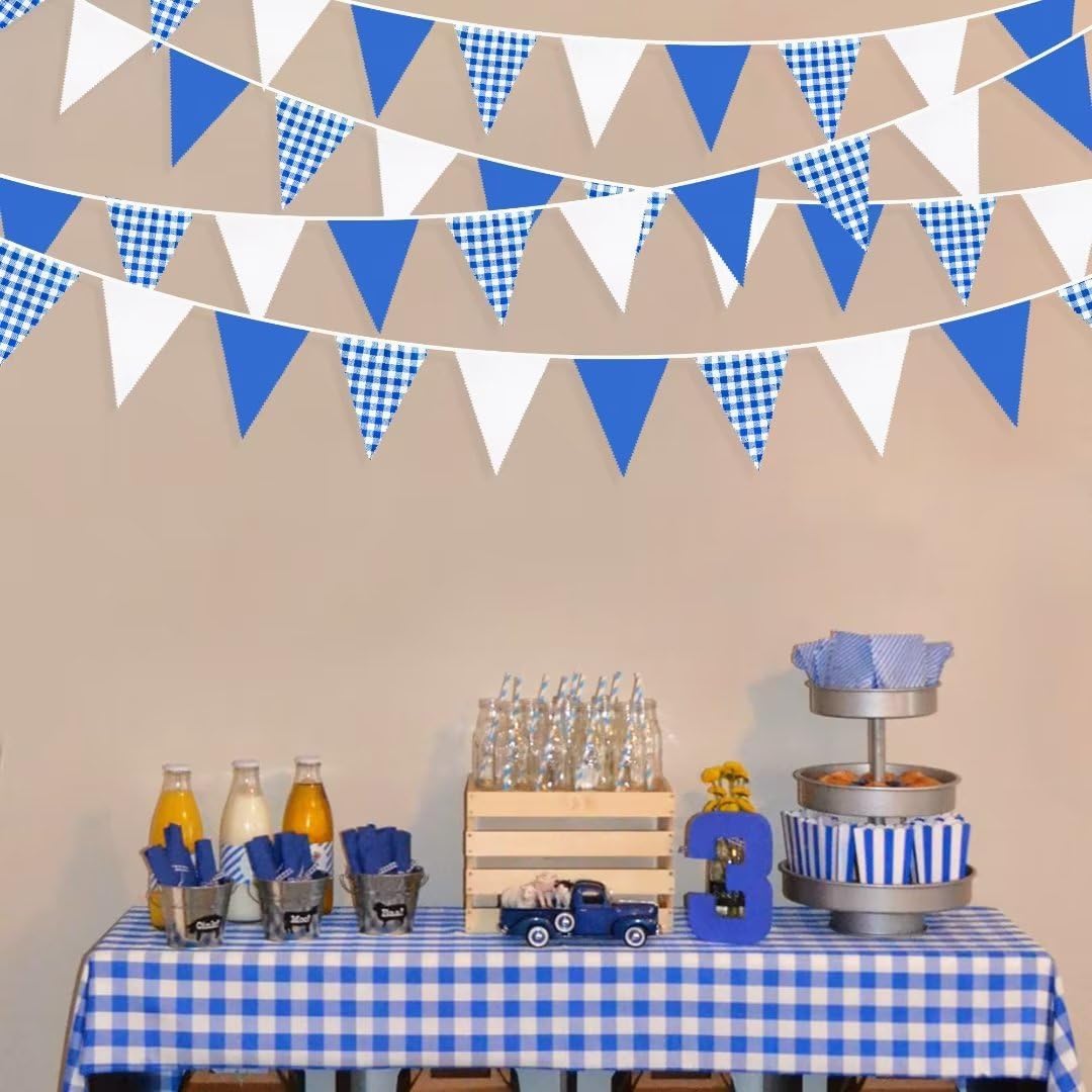 32Ft Deep Blue Party Decorations Blue Buffalo Plaid Checkered White Triangle Flag Gingham Pennant
