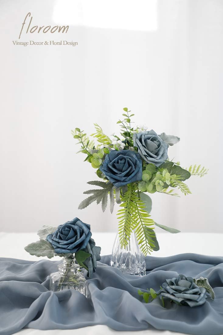 Floroom Artificial Flowers 25pcs Real Looking Dusty Blue Foam Fake Roses with Stems for DIY Wedding