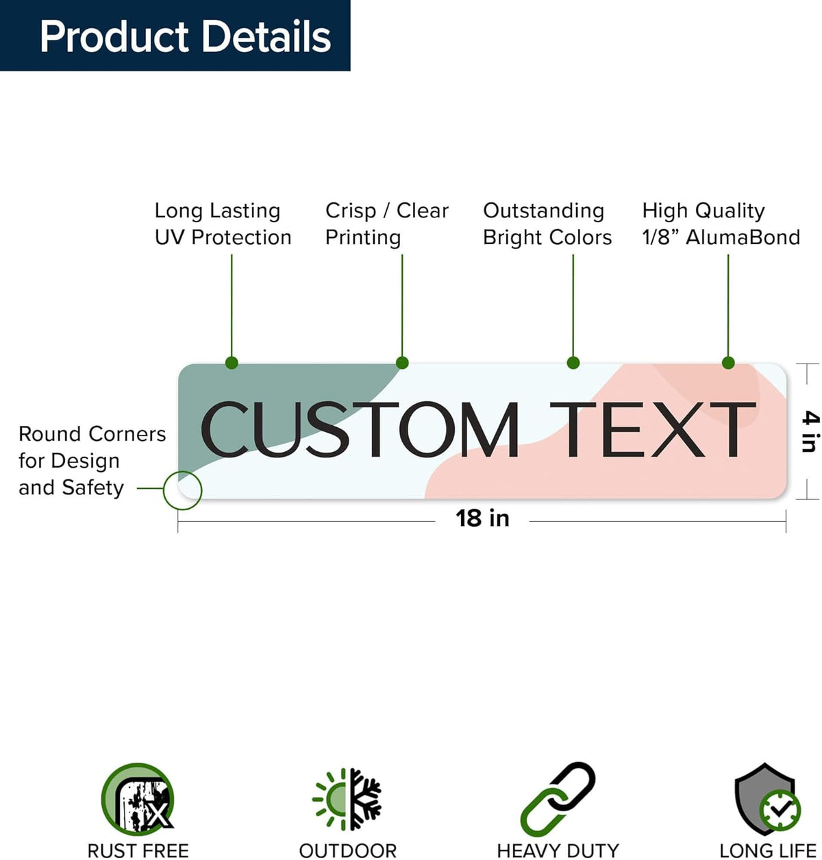 Custom Sign, Custom Street Sign, 11 Font Colors, 13 Font Styles, 4 Hole Options, 22 Sizes, 4x18