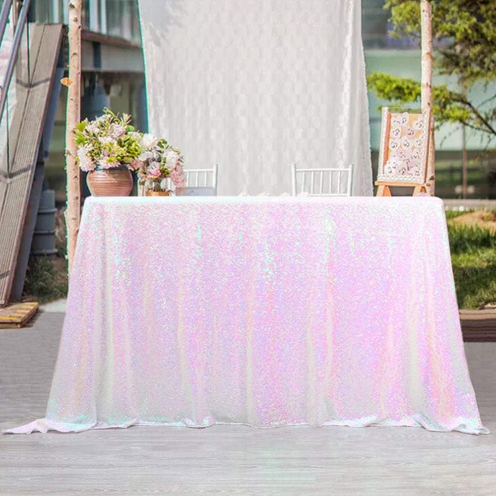 QueenDream Tablecloth 90x156 Rectangle Sequin Tablecloth White Iridescent Wedding Table Linens