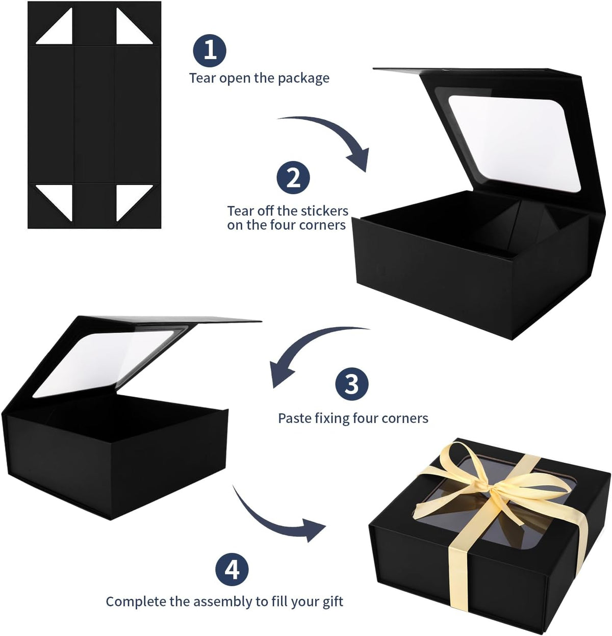 Black Gift Boxes with Window,7.5"x7.5"x3.1" Bridesmaid Boxe for Gift Giving,Birthday Gift Box with
