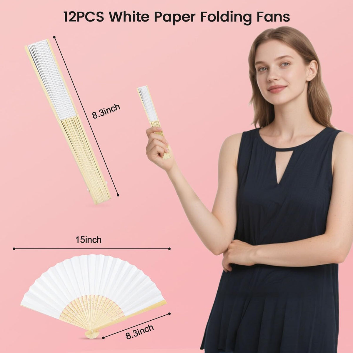 JOHOUSE 12 Pcs White Paper Fans Handheld – 8.3 Inch Foldable Hand Fan, Folding Fans Handheld for