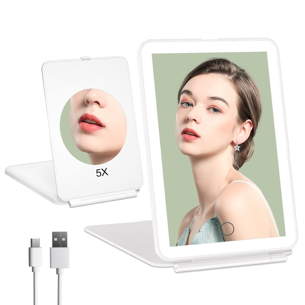 FUNTOUCH Rechargeable Portable Makeup Mirror with 72 LED Lights, Travel Lighted 1X/5X