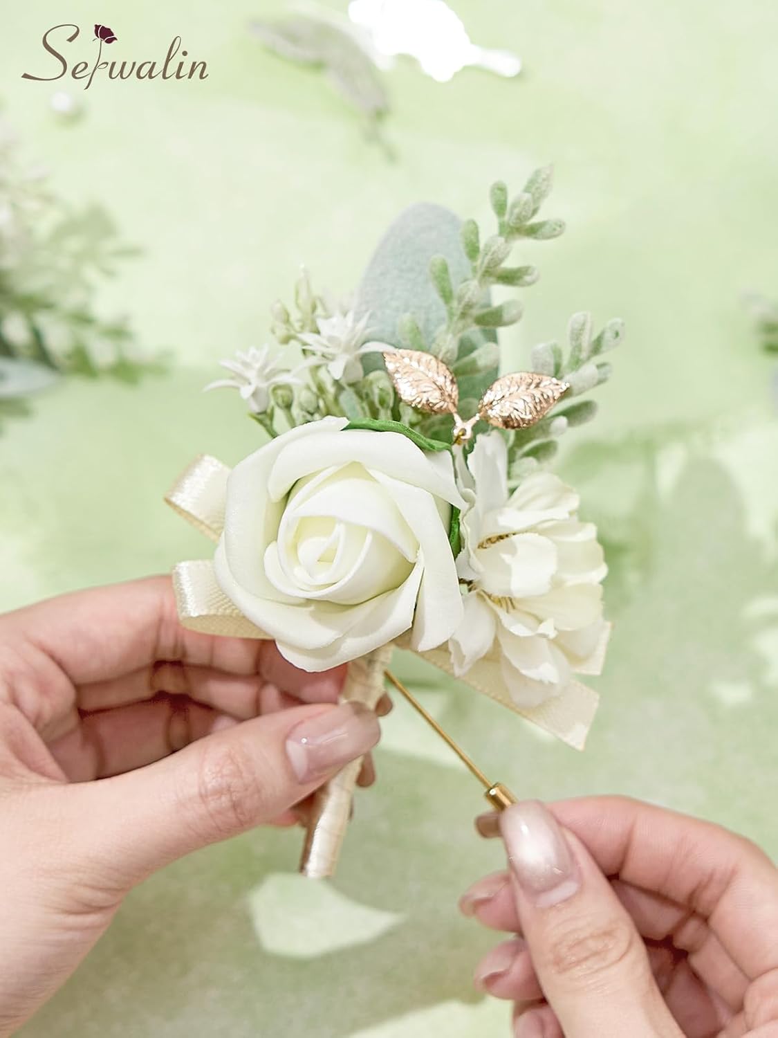 Serwalin 10Pcs Boutonniere for Men, White Groom and Best Man Boutonniere, Artificial Flowers for