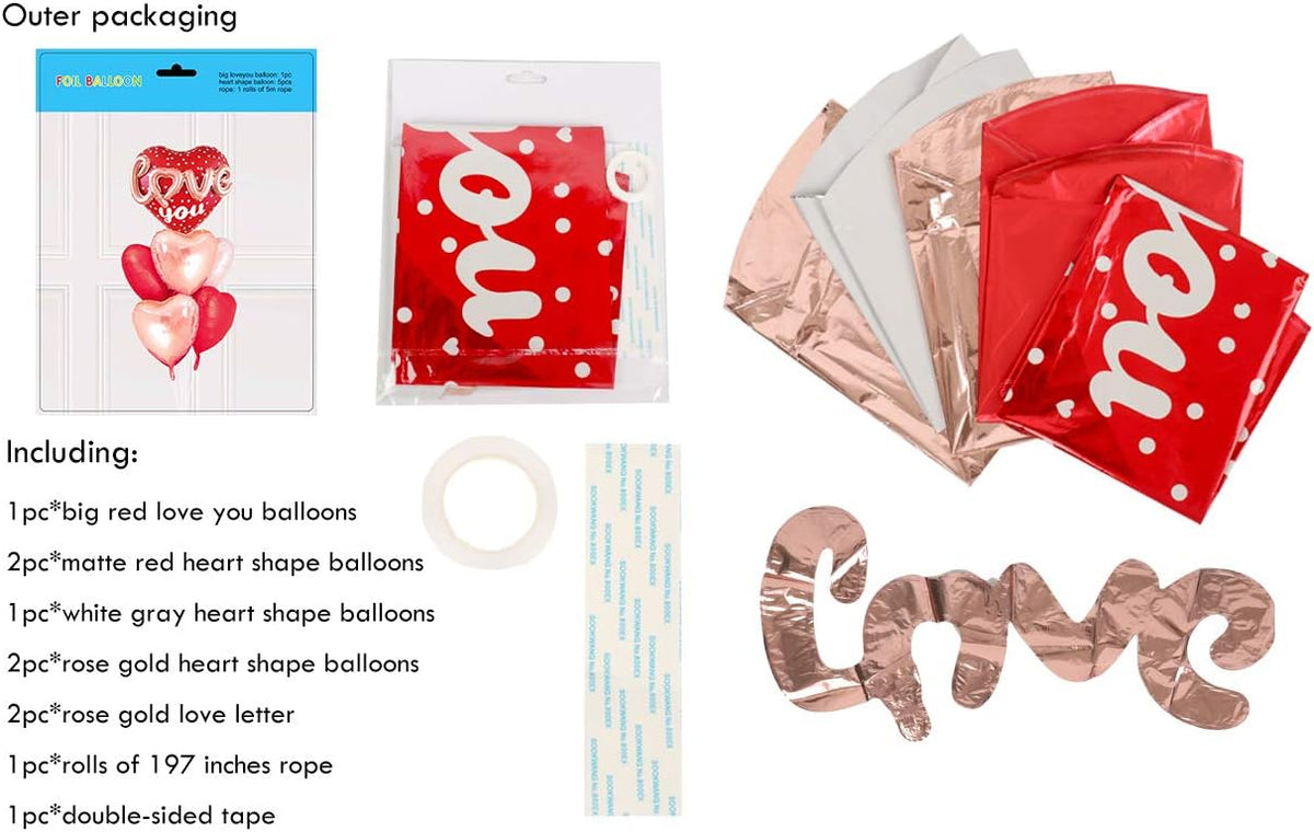 Red Heart Shape Rose Gold Love You Balloons Pack Of 6 Foil Helium Mylar Balloons For Valentines Day